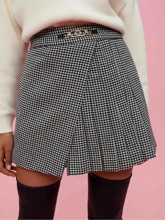 Maje Pants - Maje Black and White Houndstooth Pleated Skort with Chain Detail